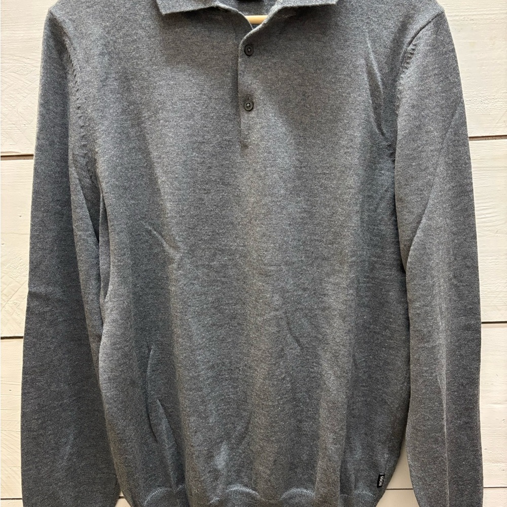 BOSS grey wool long sleeve Polo. - M